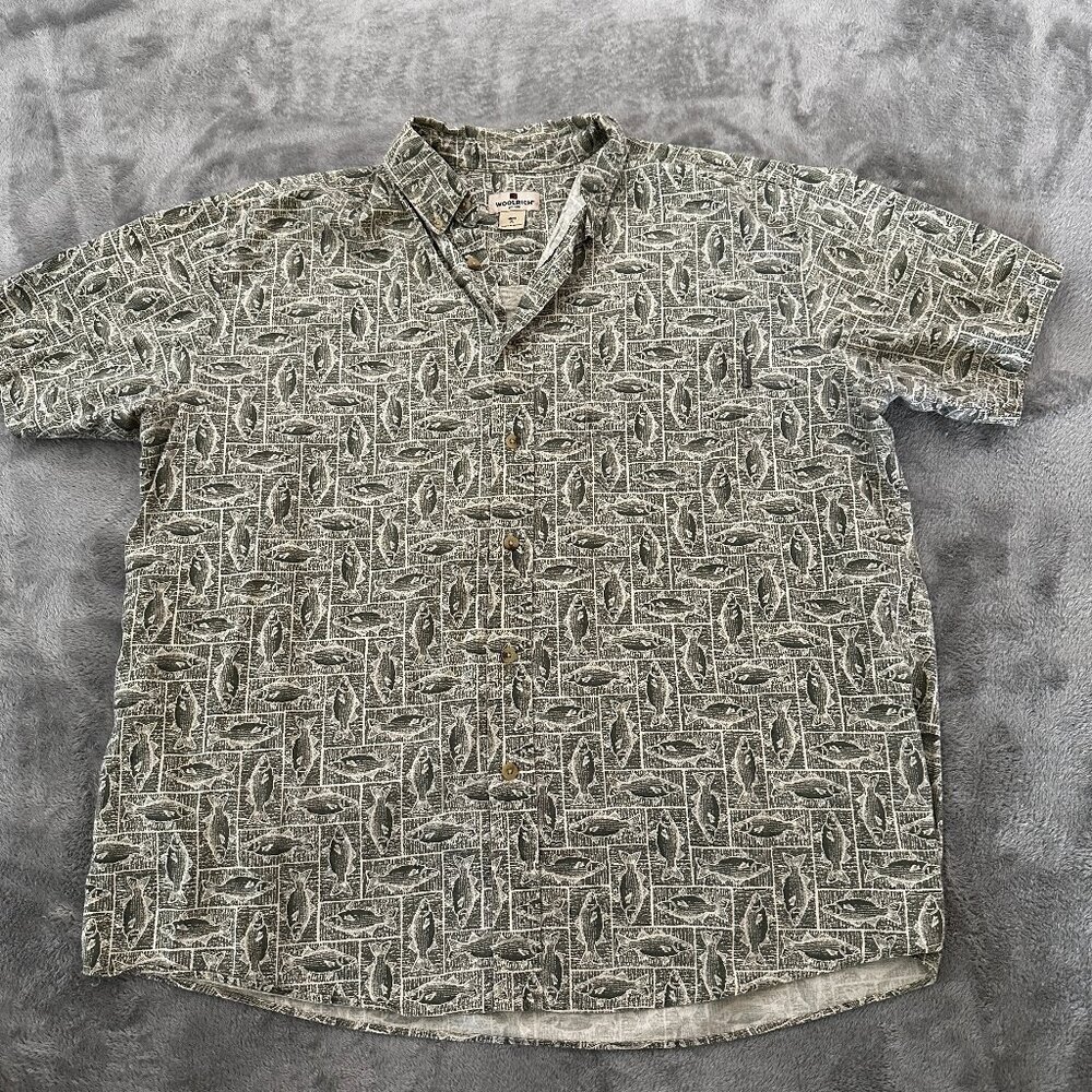 Woolrich Short Sleeve Button Up Shirt Light Olive Fish Blocks Men's XL Cotton